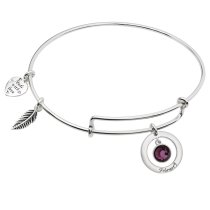 Sterling Silver Imitation Birthstone February Charm Bangle Bar Adjustable Bracelet