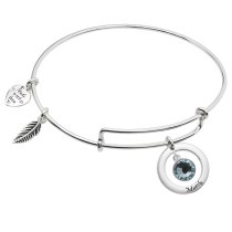 Sterling Silver Imitation Birthstone March Charm Bangle Bar Adjustable Bracelet