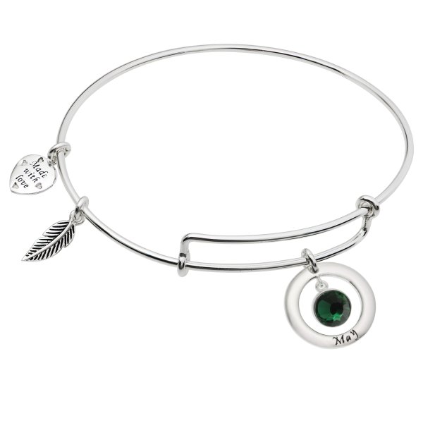 Sterling Silver Imitation Birthstone May Charm Bangle Bar Adjustable Bracelet