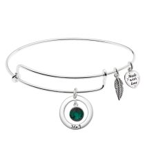 Sterling Silver Imitation Birthstone May Charm Bangle Bar Adjustable Bracelet