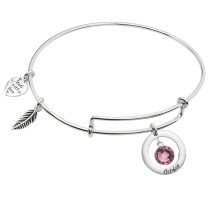 Sterling Silver Imitation Birthstone October Charm Bangle Bar Adjustable Bracelet