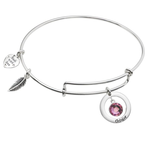 Sterling Silver Imitation Birthstone October Charm Bangle Bar Adjustable Bracelet