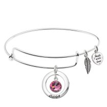 Sterling Silver Imitation Birthstone October Charm Bangle Bar Adjustable Bracelet