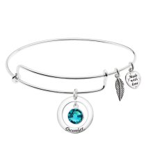 Sterling Silver Imitation Birthstone December Charm Bangle Bar Adjustable Bracelet