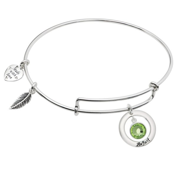 Sterling Silver Imitation Birthstone August Charm Bangle Bar Adjustable Bracelet