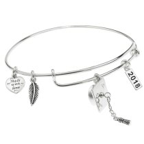 925 Sterling Silver Graduation Hat 2018 Made with Love Heart Feather Dangle Charm Adjustable Wire Bangle Bracelet