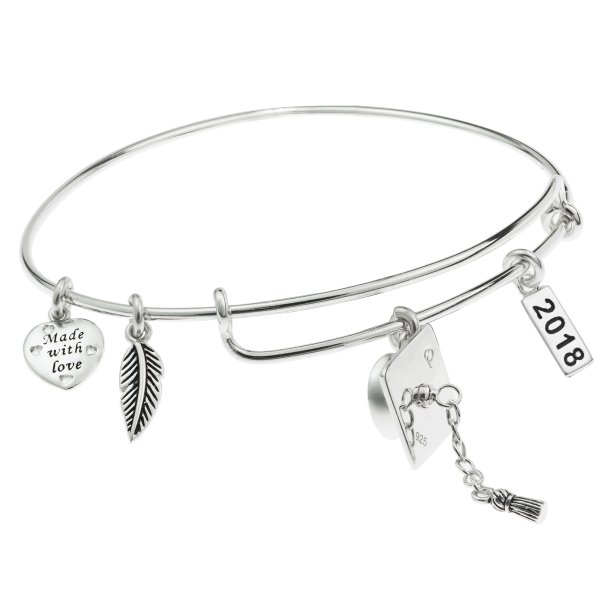 925 Sterling Silver Graduation Hat 2018 Made with Love Heart Feather Dangle Charm Adjustable Wire Bangle Bracelet