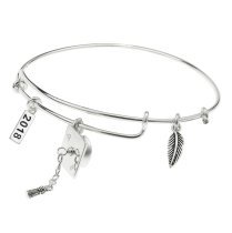 925 Sterling Silver Graduation Hat 2018 Made with Love Heart Feather Dangle Charm Adjustable Wire Bangle Bracelet