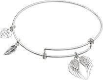 Rhodium on 925 Sterling Silver Angel Wing Clear CZ Heart Feather Dangle Charm Adjustable Wire Bangle Bracelet