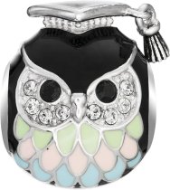 Rhodium on 925 Sterling Silver Owl Teacher European Style Bead Charm Made with Swarovski Crystals