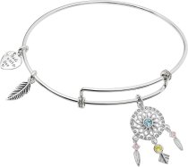 Rhodium on 925 Sterling Silver Dream Catcher Clear CZ Heart Feather Dangle Charm Adjustable Wire Bangle Bracelet