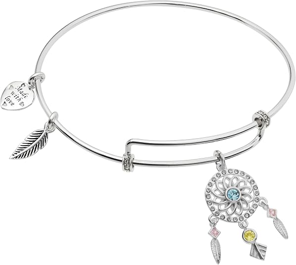 Rhodium on 925 Sterling Silver Dream Catcher Clear CZ Heart Feather Dangle Charm Adjustable Wire Bangle Bracelet