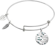 Rhodium on 925 Sterling Silver ″I Love You to the Moon and Back″ CZ Dangle Charm Adjustable Wire Bangle Bracelet