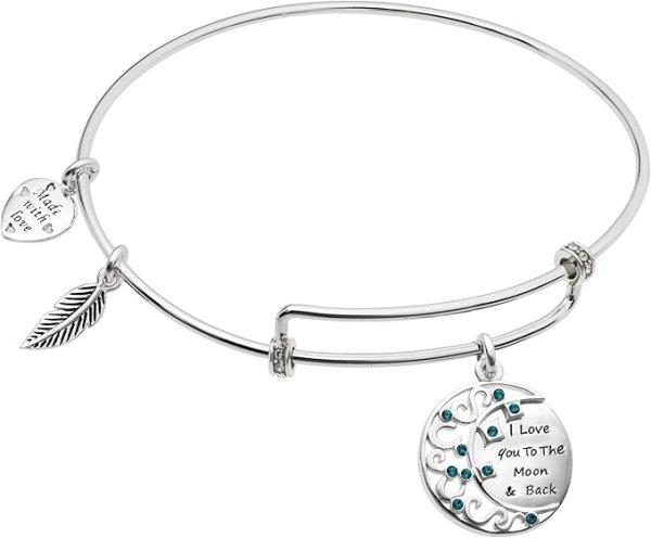 Rhodium on 925 Sterling Silver "I Love You to the Moon and Back" CZ Dangle Charm Adjustable Wire Bangle Bracelet