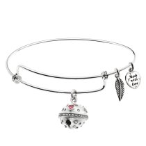 Rhodium on 925 Sterling Silver Jingle Bells CZ Dangle Charm Adjustable Wire Bangle Bracelet