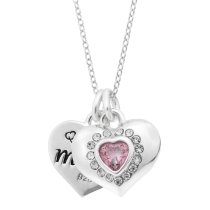 925 Sterling Silver Mom & Daughter Love Heart CZ Crystal Dangle Charm Chain Necklace 16"+2" Extender