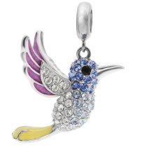 925 Sterling Silver Hummingbird Enamel Dangle for European Charm Bracelets Made with Swarovski Crystals