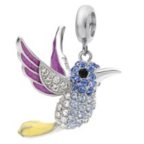925 Sterling Silver Hummingbird Enamel Dangle for European Charm Bracelets Made with Swarovski Crystals