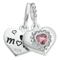 925 Sterling Silver Mom & Daughter Love Heart CZ Crystal Dangle Bead for European Charm Bracelets