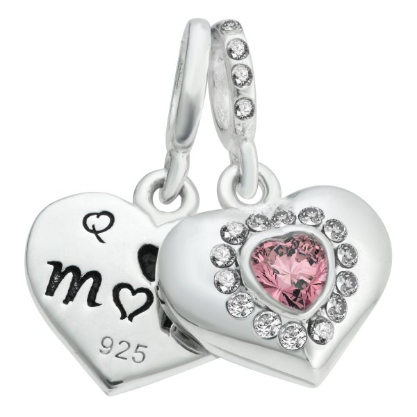 925 Sterling Silver Mom & Daughter Love Heart CZ Crystal Dangle Bead for European Charm Bracelets