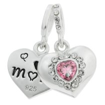 925 Sterling Silver Mom & Daughter Love Heart CZ Crystal Dangle Bead for European Charm Bracelets