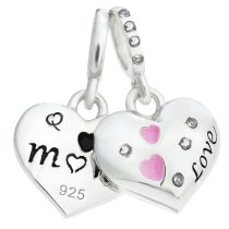 925 Sterling Silver Mom & Daughter Pink Enamel Love Heart CZ Crystal Dangle Bead for European Charm Bracelets
