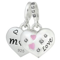 925 Sterling Silver Mom & Daughter Pink Enamel Love Heart CZ Crystal Dangle Bead for European Charm Bracelets