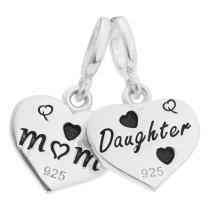 925 Sterling Silver Mom & Daughter Pink Enamel Love Heart CZ Crystal Dangle Bead for European Charm Bracelets