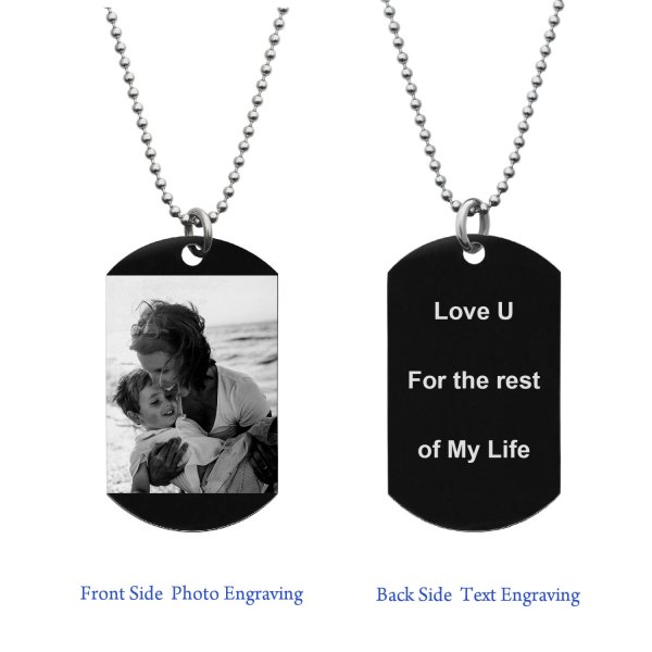 Stainless Steel Personalized Photo + Text Engraving Custom Dog Tag w/ Dot Ball Chain Necklace 24" - Handmade