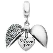 Sterling Silver I Love You Heart CZ Dangle Bead for European Charm Bracelets