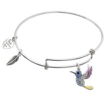 Rhodium on 925 Sterling Silver Hummingbird Enamel Dangle Charm Adjustable Wire Bangle Bracelet Made with Swarovski Crystals