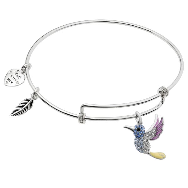 Rhodium on 925 Sterling Silver Hummingbird Enamel Dangle Charm Adjustable Wire Bangle Bracelet Made with Swarovski Crystals