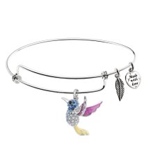 Rhodium on 925 Sterling Silver Hummingbird Enamel Dangle Charm Adjustable Wire Bangle Bracelet Made with Swarovski Crystals