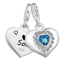 925 Sterling Silver Mom & Son Love Heart Blue CZ Dangle Bead for European Charm Bracelets