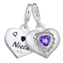 925 Sterling Silver Aunt & Niece Love Heart Purple CZ Dangle Bead for European Charm Bracelets
