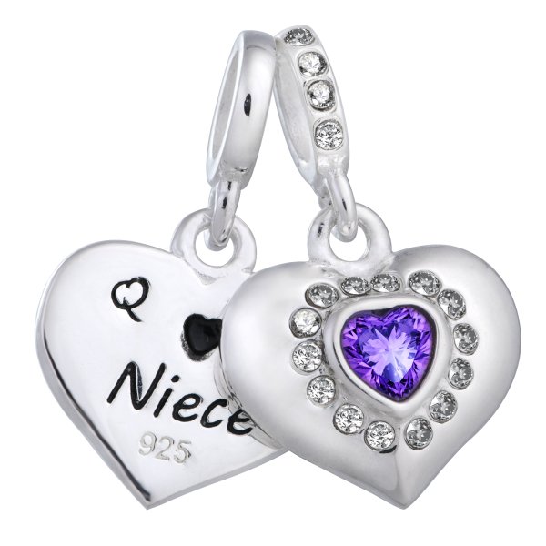 925 Sterling Silver Aunt & Niece Love Heart Purple CZ Dangle Bead for European Charm Bracelets