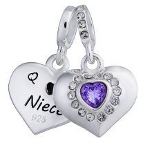 925 Sterling Silver Aunt & Niece Love Heart Purple CZ Dangle Bead for European Charm Bracelets