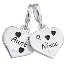 925 Sterling Silver Aunt & Niece Love Heart Purple CZ Dangle Bead for European Charm Bracelets