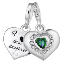 925 Sterling Silver Grandmother & Granddaughter Love Heart Green CZ Dangle Bead for European Charm Bracelets