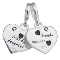 925 Sterling Silver Grandmother & Granddaughter Love Heart Green CZ Dangle Bead for European Charm Bracelets