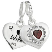 925 Sterling Silver Husband & Wife Love Heart Red CZ Dangle Bead for European Charm Bracelets