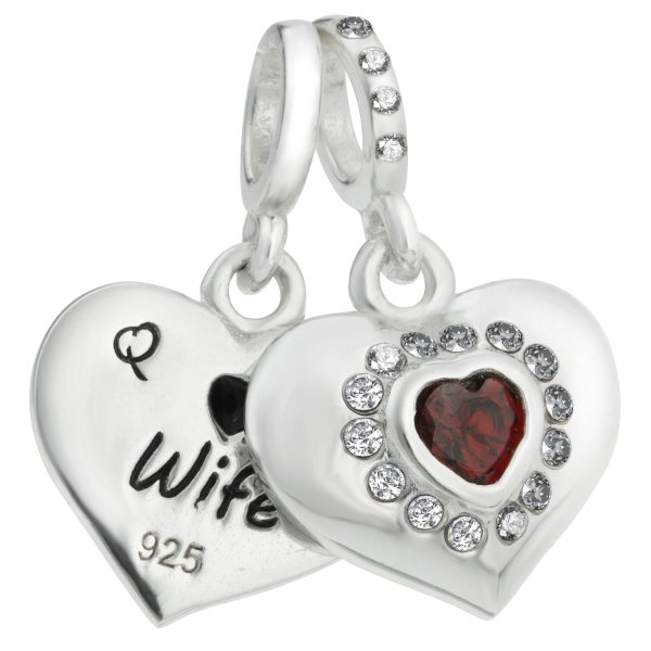 925 Sterling Silver Husband & Wife Love Heart Red CZ Dangle Bead for European Charm Bracelets