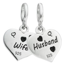 925 Sterling Silver Husband & Wife Love Heart Red CZ Dangle Bead for European Charm Bracelets