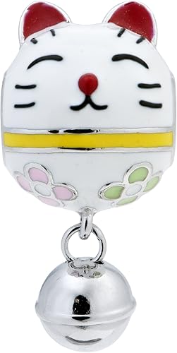 Rhodium on 925 Sterling Silver Fortune Lucky Cat Enamel Jingle Bell Dangle Bead for European Charm Bracelets