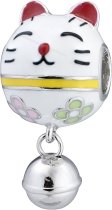 Rhodium on 925 Sterling Silver Fortune Lucky Cat Enamel Jingle Bell Dangle Bead for European Charm Bracelets