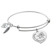 925 Sterling Silver Mother & Daughter Heart Dangle Charm Adjustable Wire Bangle Bracelet