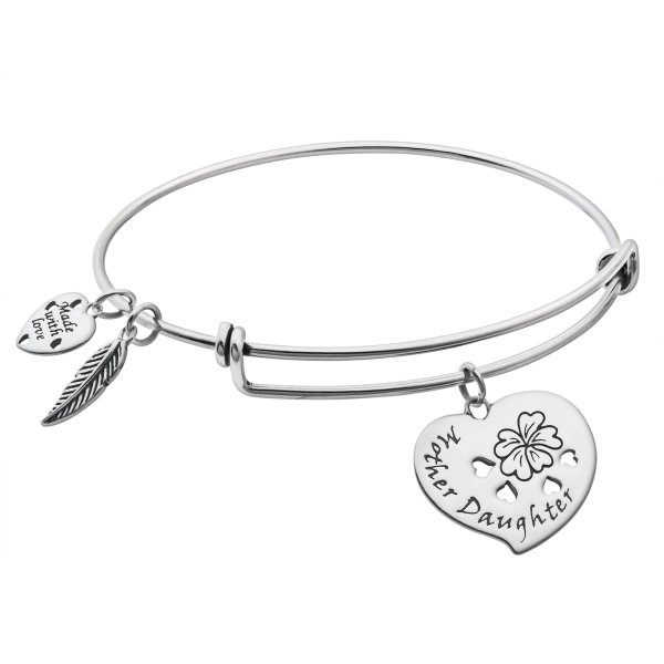 925 Sterling Silver Mother & Daughter Heart Dangle Charm Adjustable Wire Bangle Bracelet