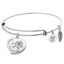 925 Sterling Silver Mother & Daughter Heart Dangle Charm Adjustable Wire Bangle Bracelet