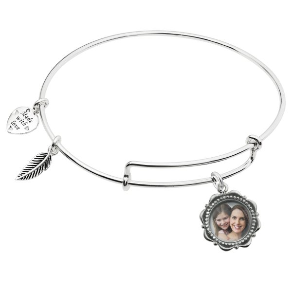 925 Sterling Silver Custom Photo Personalized Dangle Charm Adjustable Wire Bangle Bracelet