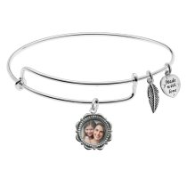 925 Sterling Silver Custom Photo Personalized Dangle Charm Adjustable Wire Bangle Bracelet